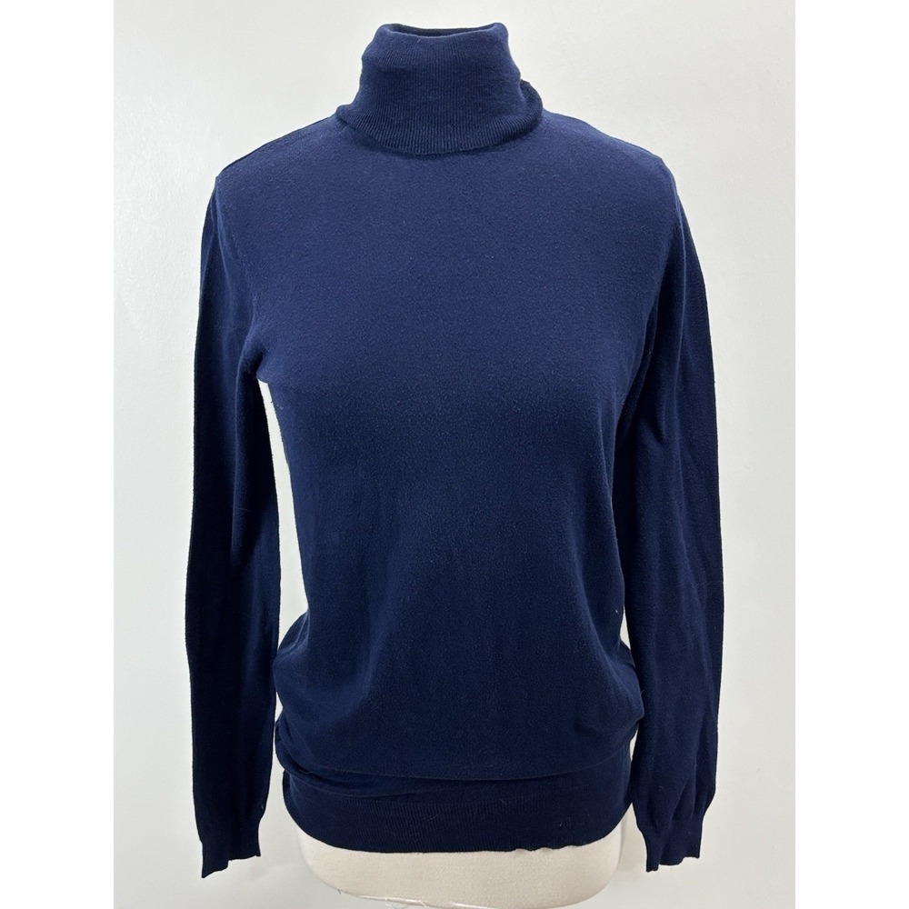 Zara Knit Turtleneck Sweater Women's L Navy Blue Fine Knit Elbow Patches Preppy